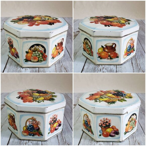 Octagonal Metal Candy Box Tin with Brightly Coloured Fruit Basket Vintage - Picture 3 of 10